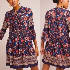 ERI & Ali Blue floral metallic thread button to the waist bohemian dress